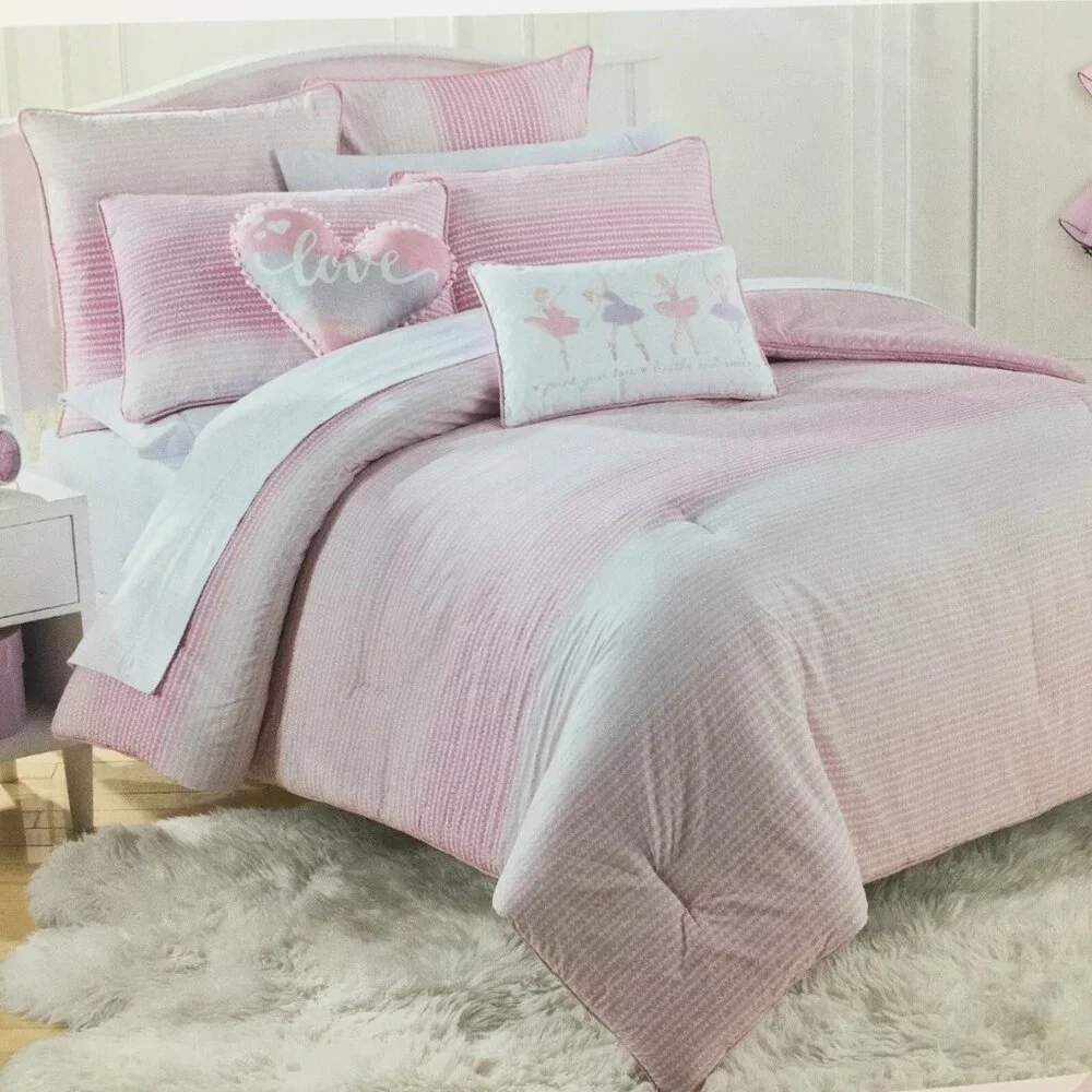 5pc Nicole Miller Ballerina FULL QUEEN Set Comforter Pillows Dance Hearts Pink
